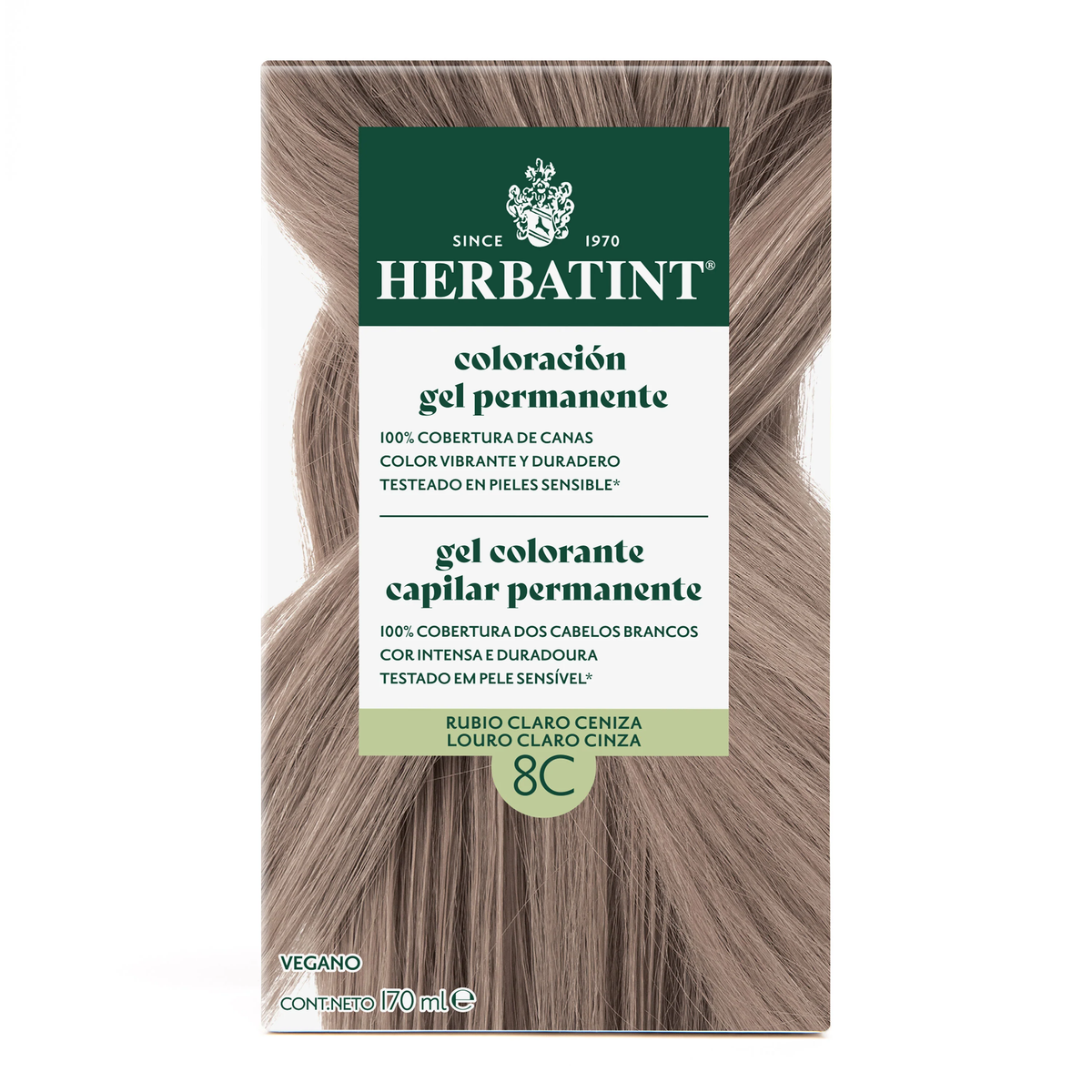 Caja frontal Herbatint 8C Rubio Claro Ceniza coloración permanente 170 ml