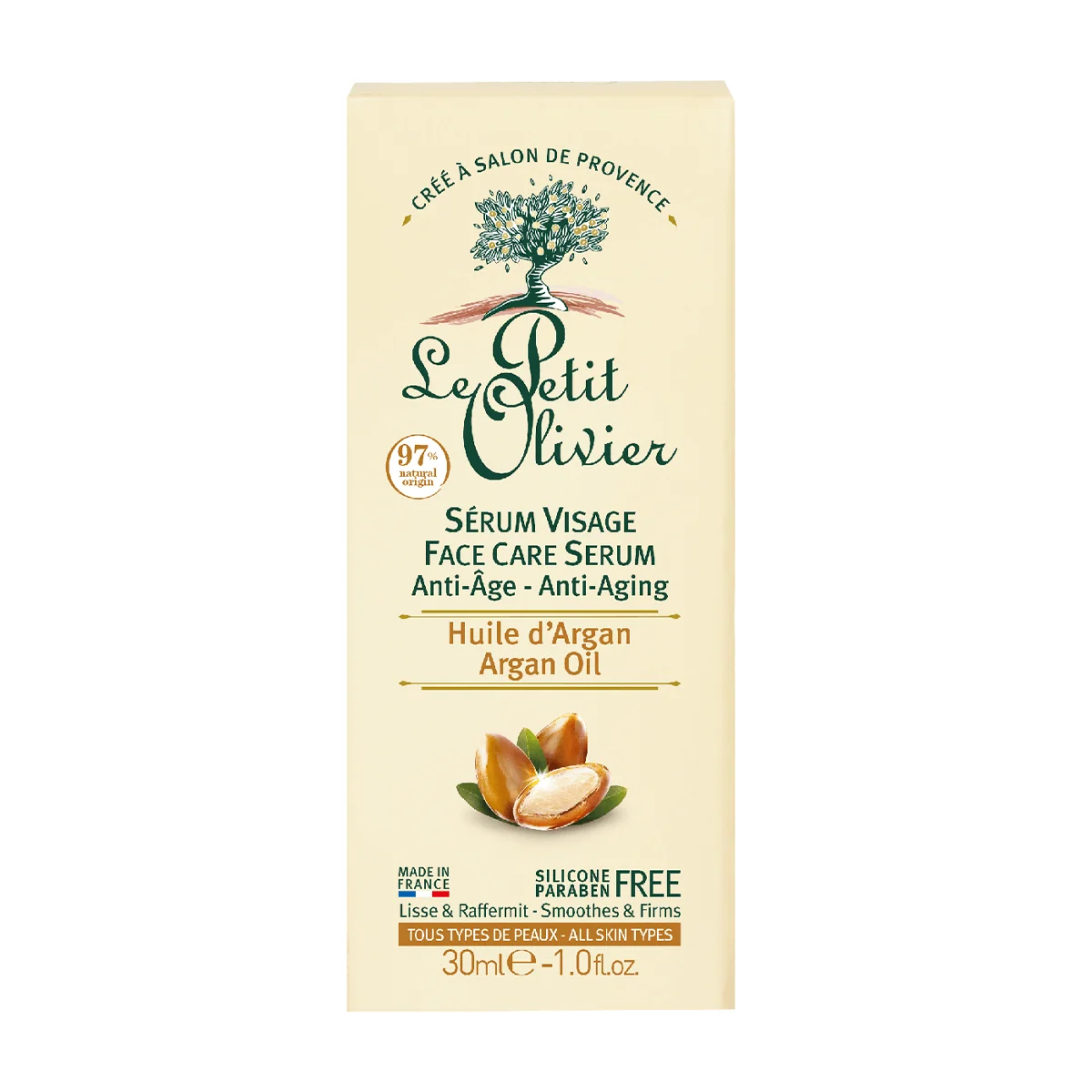 Caja de sérum facial antiage con aceite de argán Le Petit Olivier, 30 ml, sobre fondo blanco