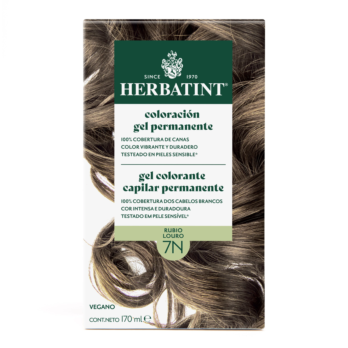 Caja frontal de Herbatint 7N Rubio, coloración permanente en gel de 170 ml