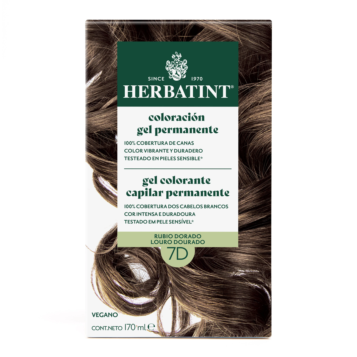 Caja frontal Herbatint 7D Rubio Dorado, coloración permanente en gel de 170 ml