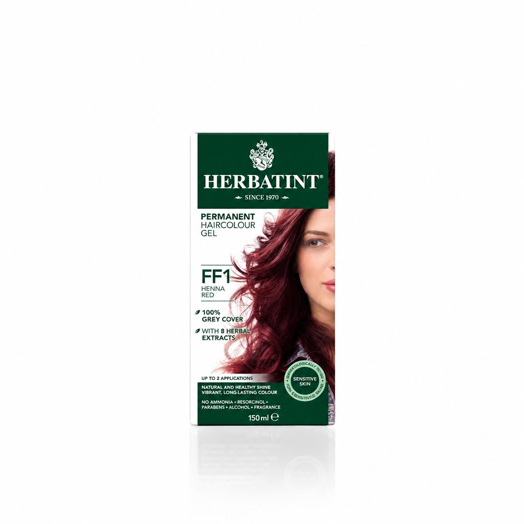 Caja de Herbatint FF1 Rojo Henna completa sobre fondo blanco con margen superior